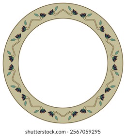 Round floral frame with ancient Egyptian ethnic motifs. Circular border with blooming lotus flowers.