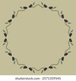 Round floral frame with ancient Egyptian ethnic motifs. Circular border with blooming lotus flowers.