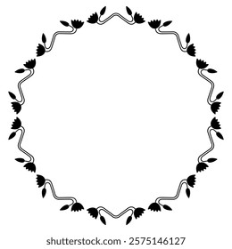 Round floral frame with ancient Egyptian ethnic motifs. Circular border with blooming lotus flowers. Black silhouette on white background.