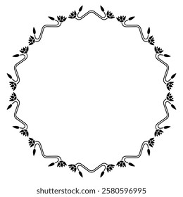 Round floral frame with ancient Egyptian ethnic motifs. Circular border with blooming lotus flowers. Black and white silhouette.