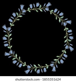 Round floral frame or background. Wreath of bluebell flowers. Folk style.