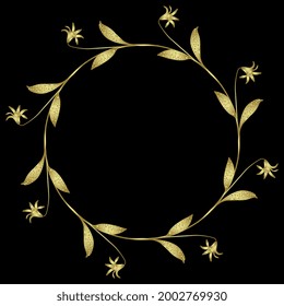 Round floral frame or background. Wreath of dog's-tooth-violet or dogtooth violet plants. Erythronium dens-canis. Golden glossy silhouette on black background.