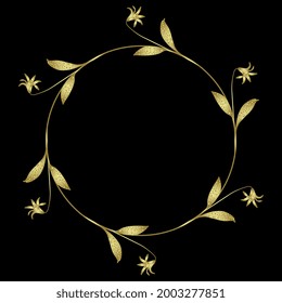 Round floral frame or background. Wreath of dog's-tooth-violet or dogtooth violet plants. Erythronium dens-canis. Golden glossy silhouette on black background.