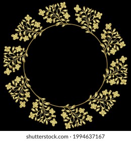 Round floral frame with beautiful blooming flower branches. Folk style. Golden glossy silhouette on black background.
