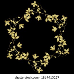 Round floral frame with blooming branches of clematis flower. Golden silhouette on black background.
