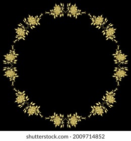 Round floral frame with blooming branches of roses. Golden glossy silhouette on black background.