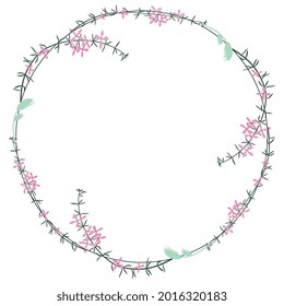 Round floral frame with blooming branches of pink flowers. Delicate wildflower wreath.