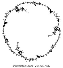 Round floral frame with blooming branches. Delicate wildflower wreath. Black silhouette on white background.