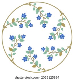 Round floral frame with blooming branches of blue flowers.