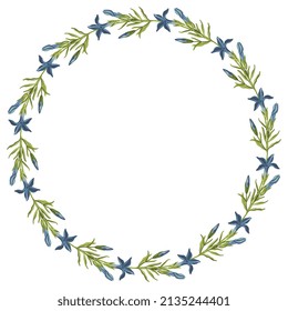 Round floral frame with blooming branches of Gentiana ciliata. Wreath of blue flowers and green leaves. On white background. Fringed gentian. Gentianopsis crinita. 