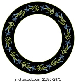 Round floral frame with blooming branches of Gentiana ciliata. Wreath of blue flowers and green leaves in a ring. On black background. Fringed gentian. Gentianopsis crinita. 