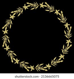 Round floral frame with blooming branches of Gentiana ciliata. Golden glossy silhouette on black background. Fringed gentian. Gentianopsis crinita. 