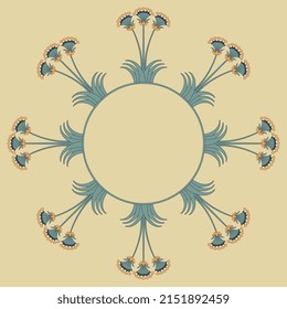 Cadre floral rond avec branches fleuries. Plante de papyrus. Lily fleurit. L'ancienne décoration ethnique florale du Minoan. Sur fond jaune.