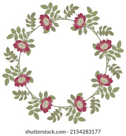 Round floral frame with blooming branches of wild briar rose. Wreath of green leaves and red pink flowers on white background.