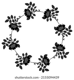 Round floral frame with blooming branches of wild briar rose. Black and white negative silhouette.