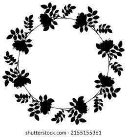 Marco floral redondo con ramas florecientes de rosa salvaje. Silueta negra de fondo blanco.