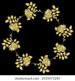 Rund floraler Rahmen mit blühenden Zweigen von wilder Briar Rose. Goldene glänzende Silhouette auf schwarzem Hintergrund.