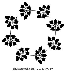 Round floral frame with blooming branches of strawberry plant. Botanical wreath. Black silhouette on white background