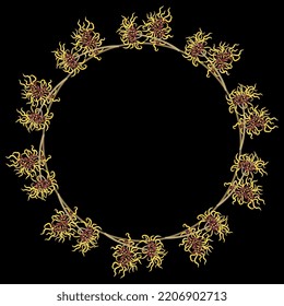 Round Floral Frame With Blooming Branches Of Witch Hazel Plant Or Hamamelis. On Black Background.