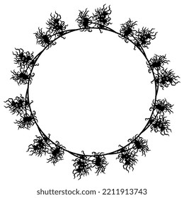 Round floral frame with blooming branches of Witch Hazel plant or Hamamelis. Black silhouette on white background.