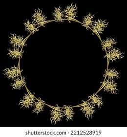Round floral frame with blooming branches of Witch Hazel plant or Hamamelis. Golden glossy silhouette on black background.