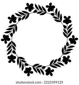 Round floral frame with blooming branches. Folk style. Black silhouette on white background.