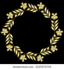 Marco floral redondo con ramas floridas. Estilo retro. Silueta dorada y brillante con perlas blancas sobre fondo negro.