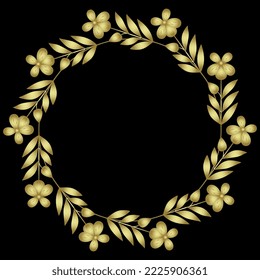 Round floral frame with blooming branches. Retro style. Golden glossy silhouette on black background.