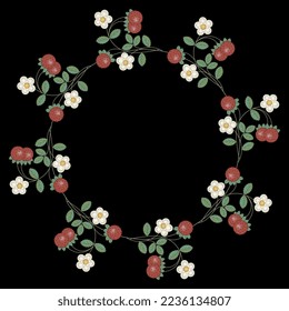 Round floral frame with blooming branches of strawberry plant. Botanical wreath with green leaves, white flowers and ripe red berries. On black background.