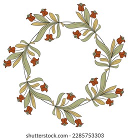 Round floral frame with blooming branches. Wreath of red flowers with green leaves on white background. Folk style. 
Isolated vector illustration.
