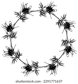 Round floral frame with blooming branches of Grevillea flower. Grevillea banksii. Botanical wreath border with exotic blossom. Black silhouette on white background.