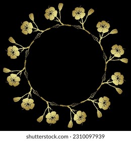 Round floral frame with blooming branches of apricot blossom. Circular botanical border wreath with spring blossom. Golden glossy silhouette on black background.