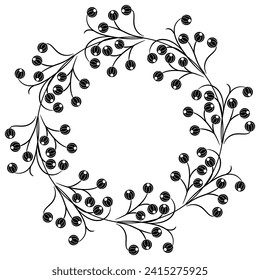 Round floral frame with blooming branches. Fantastic plants with round fruits or berries. Folk style. Black and white silhouette.