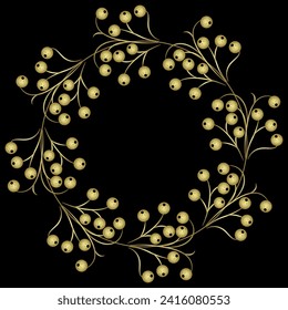 Round floral frame with blooming branches. Fantastic plants with round fruits or berries. Folk style. Golden glossy silhouette on black background.