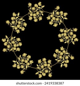 Round floral frame with blooming branches. Golden glossy silhouette on black background.