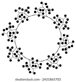 Round floral frame with blooming branches. Black silhouette on white background.