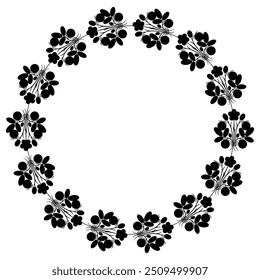 Round floral frame with blooming branches. Circular botanical border. Folk style. Black silhouette on white background.