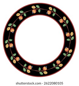 Round floral frame with blooming branches. Circular botanical border. Wreath of red ripe berries and green leaves on black background in a circle. Isolated on white. Folk style.