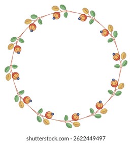 Round floral frame with blooming branches. Circular botanical border. Wreath of red ripe berries and green leaves. Folk style. Isolated on white background. 