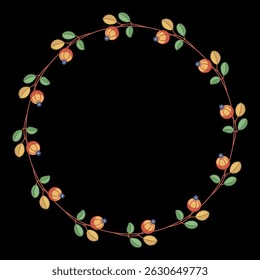 Round floral frame with blooming branches. Circular botanical border. Wreath of red ripe berries and green leaves. Folk style. On white background. 