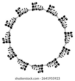 Round floral frame with blooming branches. Circular botanical border. Wreath of flowers. Vintage style. Black silhouette on white background