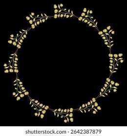 Round floral frame with blooming branches. Circular botanical border. Wreath of flowers. Vintage style. Golden glossy silhouette on black background.