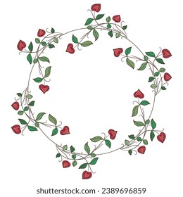 Round floral frame with blooming flower branches. Folk style.