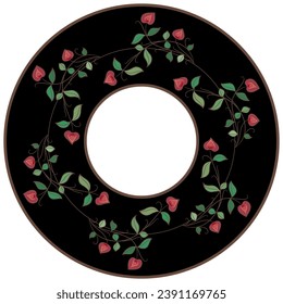 Round floral frame with blooming flower branches in a ring. Folk style. On black background.