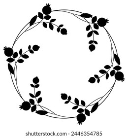 Round floral frame with blooming flower branches. Wreath with fruits or berries. Folk style. Black silhouette on white background.