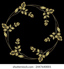 Round floral frame with blooming flower branches. Wreath with fruits or berries. Folk style. Golden glossy silhouette on black background.