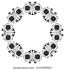Round floral frame with blooming vines and stylized poppy flowers. Vintage illuminated manuscript style. Black and white negative silhouette.