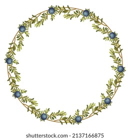 Marco floral redondo o borde con ramas de mora o mora con hojas verdes y bayas azules. Empetrum nigrum. Ilustración floral vectorial aislada. Sobre fondo blanco. Diseño navideño.