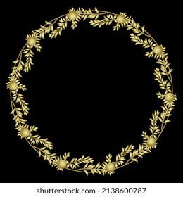 Rund floraler Rahmen oder Rand mit Zweigen von Crowberry oder Blackberry mit Blättern und Beeren. Empetrum nigrum. Goldene glänzende Silhouette auf schwarzem Hintergrund. Weihnachtsdesign.