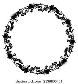Round floral frame or border with branches of crowberry or blackberry with leaves and berries. Empetrum nigrum. Black silhouette on white background. Christmas design.